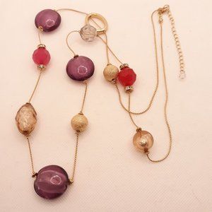 Gold Tone Purple Glass Acrylic Long Necklace